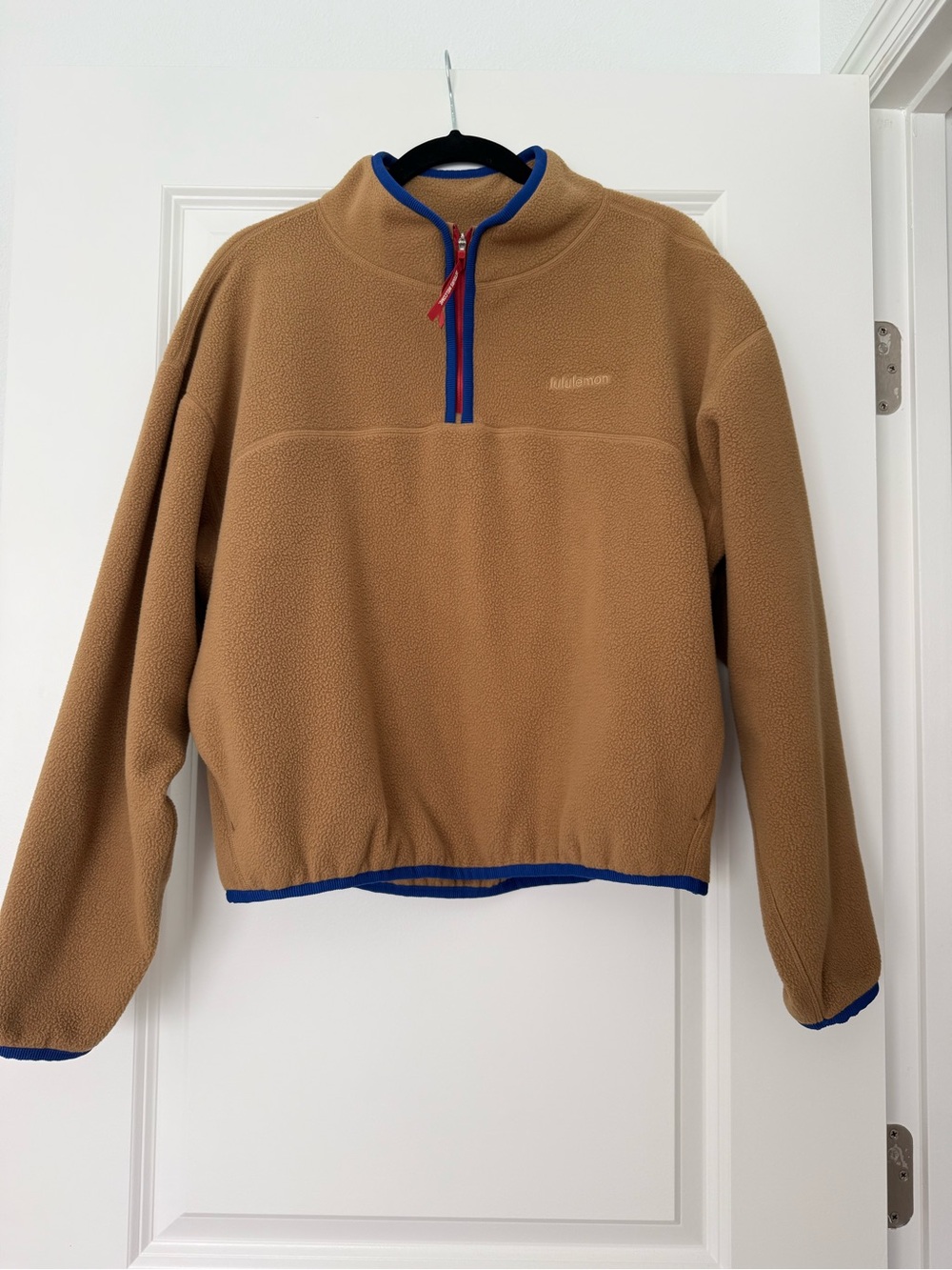 lululemon athletica Tan Fleece Half-Zip Pullover with Blue Trim
